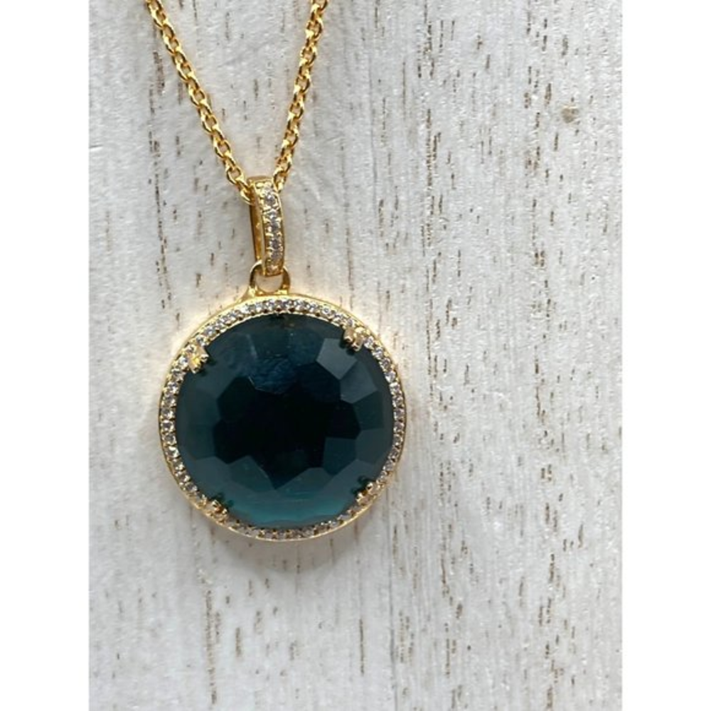 Seta 925 Silver Gold Plated CZ stones Aqua Blue Stone 16" Necklace Preowned‎